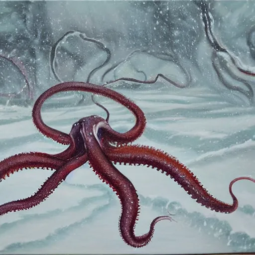 Prompt: oil painting of a giant mass of tentacles emerging out of the snowstorm