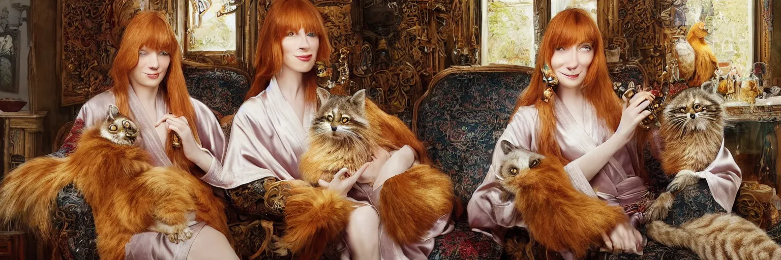 Image similar to a stunning hyper-detailed photorealistic painting of a solitary slender beautiful smiling woman with long ginger hair and bangs, wearing a luxurious silk robe, wearing headphones and posing with her large ginger tabby cat and her raccoon and parrots in an overstuffed easy chair in her sunlit victorian living room, holding a porcelain parrot-shaped coffee mug and a donut, perfect eyes, fashion photography, cinematic lighting, octane render, IBEX Masters, unreal engine, 85 mm lens,