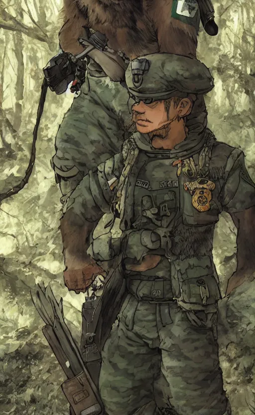 Image similar to close up character portrait icon of the german shepard beast - man military uniform head animal person wearing clothes standing in the bright forest, hidari, color page, tankoban, 4 k, tone mapping, akihiko yoshida