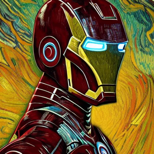 Prompt: Iron Man in the style of Vincent Van Gogh, masterpiece digital painting, 4k wallpaper, intricate detail, beautiful, gorgeous, stunning, artstation