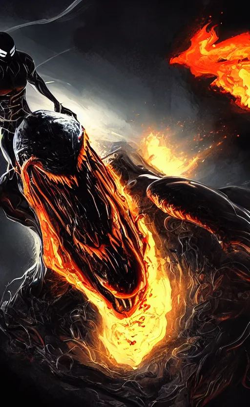 Image similar to venom as ghost rider, dynamic lighting, photorealistic fantasy concept art, trending on art station, stunning visuals, terrifying, creative, cinematic