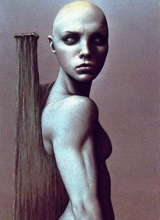 Prompt: bald barbarian girl by Beksinski