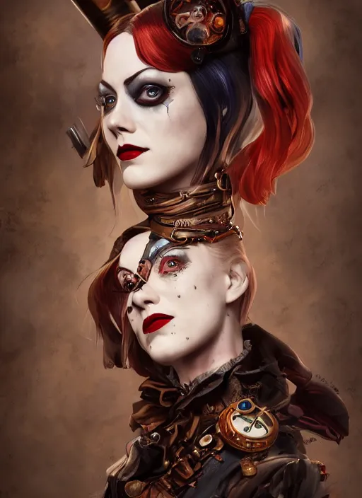 Prompt: steampunk goth autumn portrait of emma stone as harley quinn, hyper detailed, digital art, cinematic lighting, studio quality, smooth render, unreal engine 5, octane rendered, art style by klimt and nixeu and ian sprigger and krenz cushart.