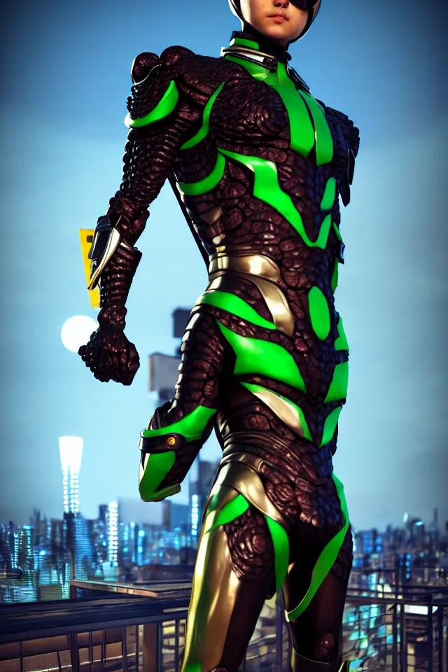 Prompt: kamen rider big belt hero sction pose, full body portrait, human structure bee concept art, human anatomy, intricate detail, hyperrealistic art and illustration by irakli nadar and alexandre ferra, blurry and sharp focus, on future tokyo night rooftop, unreal 5 engine highlly render, global illumination