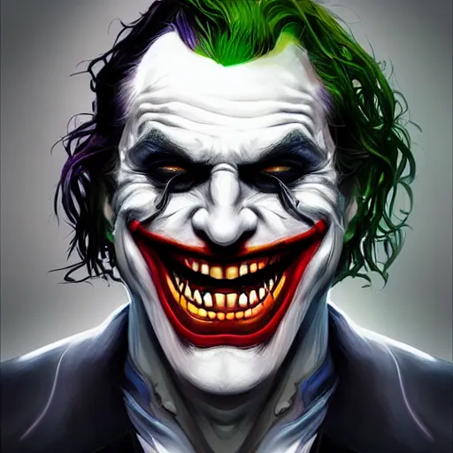 Prompt: the joker wearing the dark knight mask, snarling teeth, digital painting, amazing detail, art station, cgsociety