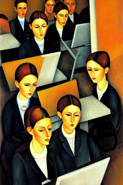 Prompt: oil painting highly detailed computer workers in office painted by amadeo modigliani