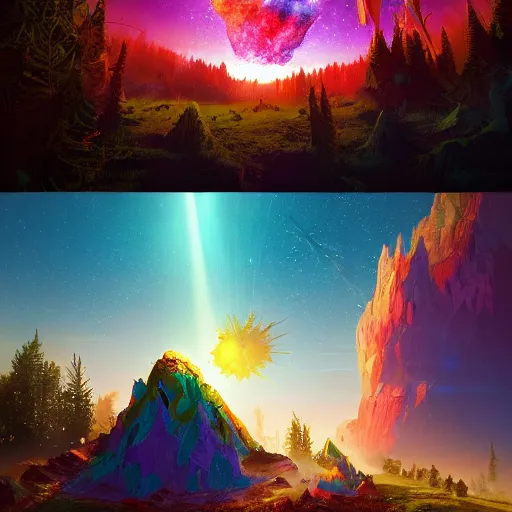 Prompt: Gigantic meteorite crashes into magic world planet, Bright colors, fantastic landscape, hyperrealism, no blur, 4k resolution, ultra detailed, style of Anton Fadeev, Ivan Shishkin, John Berkey