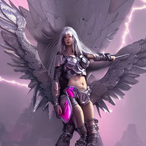 Image similar to cyberpunk valkyrie woman with wings made of metal and pink and silver armor, flowing hair, cityscape, protesting signs, fighting, artstation, realistic, high detail digital painting, sharp focus, style of Julia Razumova,