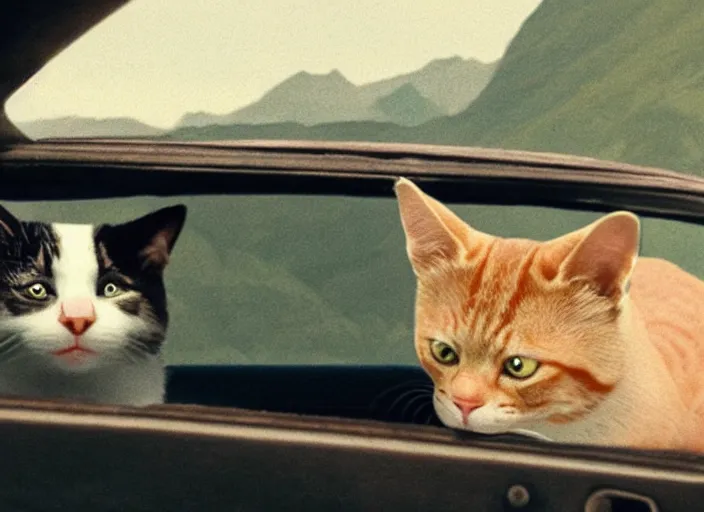 Image similar to A very high resolution image from a new movie, a cat driging around, inside of a car , mountains, Polaroid, directed by wes anderson