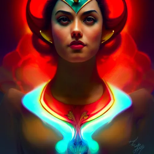 Image similar to anjanette abayari as darna, volumetric lights, red and cyan theme, art nouveau botanicals, intricate, highly detailed, digital painting, artstation, concept art, smooth, sharp focus, cinematic, illustration, beautiful face, art by artgerm and greg rutkowski and alphonse mucha