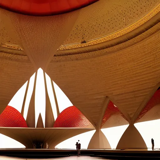 Image similar to interior of a futuristic lotus temple with gold, red and white marble panels, in the desert, by buckminster fuller and syd mead, intricate contemporary architecture, photo journalism, photography, cinematic, national geographic photoshoot