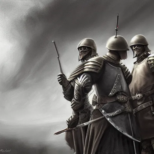 Prompt: realistic, 5 medieval soldiers, in line, pikes, hellbards, banner, flag, mist, up facing, epic, digital art, illustration, fantasy, realistic sketch, dark