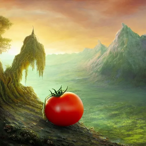 Prompt: a beautiful matte painting of a very beautiful tomato in a fantasy landscape, by steve argyle and mark arian