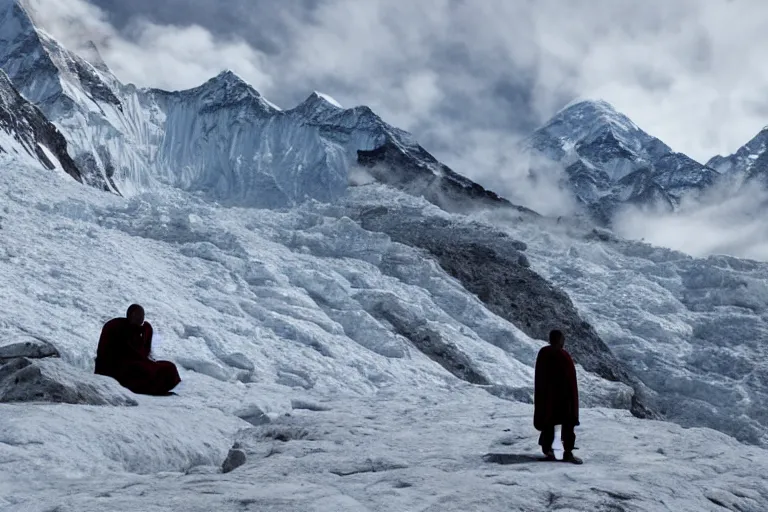 Image similar to cinematography a monk meditating in front of Mount Everest by Emmanuel Lubezki