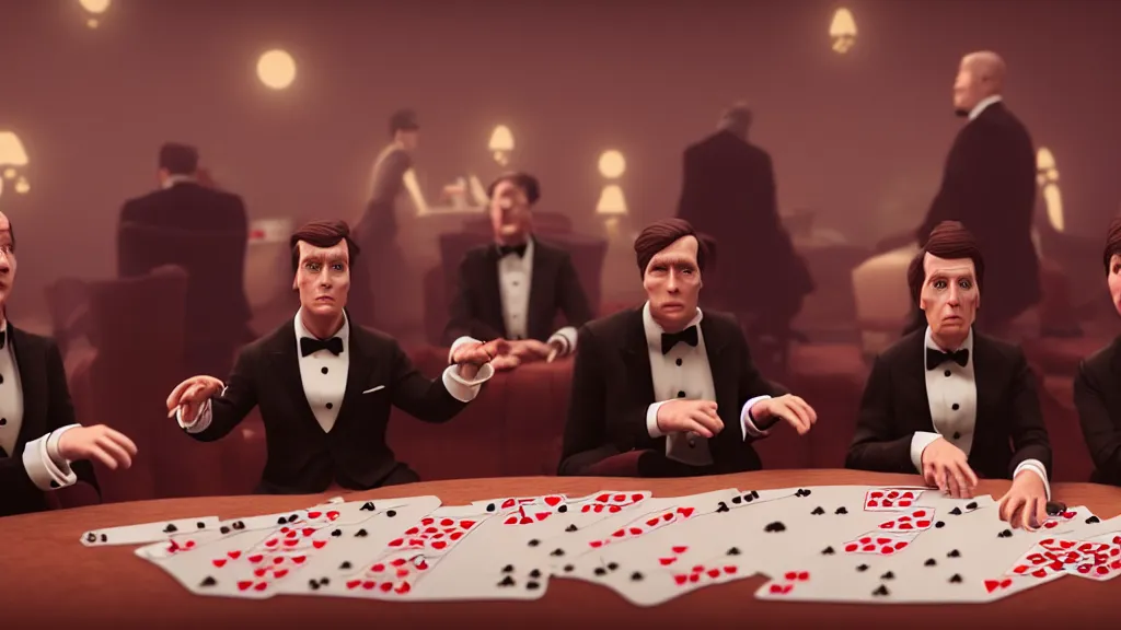 Prompt: hyperrealism simulation highly detailed human turtles'wearing detailed tuxedos and smoking, playing poker in surreal scene from art house movie from future by wes anderson and denis villeneuve and mike winkelmann rendered in blender and octane render