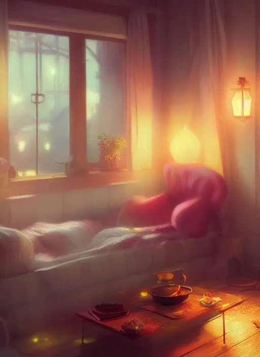 Image similar to beautiful interior of a cozy cottage, delphin enjolras, goro fujita, makoto shinkai, volumetric lighting, exquisite lighting, octane render, trending on artstation