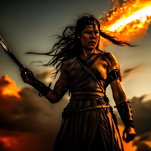 Image similar to a photograph of the goddess of war in the battlefield, action movie, movie still, cinematic, filmic, dramatic, dramatic lighting