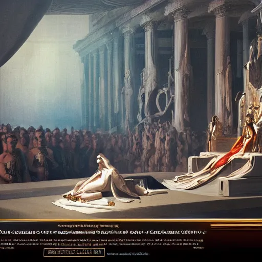 Prompt: sci-fi organic form car 50% of canvas and wall structure in the coronation of napoleon painting by Jacques-Louis David and in the blade runner 2049 film organic architecture forms unreal engine 5 lumen lighting ultra high detail ultra realism 4k in plastic dark tilt shift