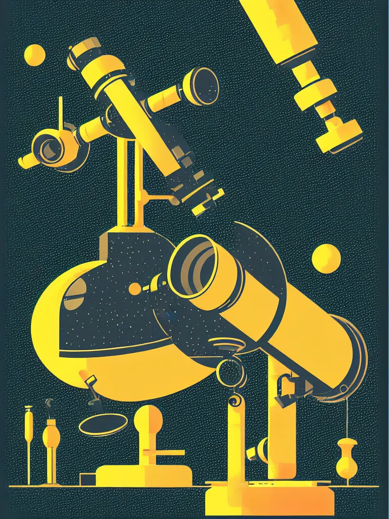 Prompt: editorial illustration scientific lab test tube telescope microscope spaceship, fine texture, dynamic composition, detailed, matte print, dynamic perspective, halftone texture, colorful modern, mads berg