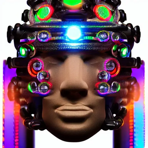 Image similar to a glossy claymodel of a cyberpunk aztec futuristic robot head, top of the head is made of gears and multicolored glowing tubes, eyes are multicolored lamps, 8 k, front shot, symetrical, flourescent colors, halluzinogenic, multicolored, insanely detailed, 3 d render, octane