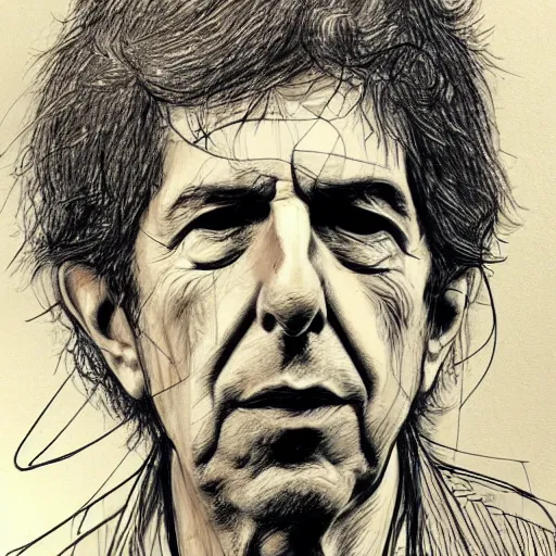 Prompt: a realistic yet scraggly portrait sketch of the side profile of a stern and sophisticated leonard cohen, trending on artstation, intricate details, in the style of frank auerbach, in the style of sergio aragones, in the style of martin ansin, in the style of david aja, in the style of mattias adolfsson