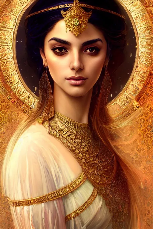 Image similar to Beautiful portrait of an attractive Persian Princess who is an architect, beautiful princess, face painting, persian architecture, dramatic lighting, intricate, wild, highly detailed, digital painting, artstation, concept art, smooth, sharp focus, illustration, art by artgerm and greg rutkowski and alphonse mucha, footage from space camera