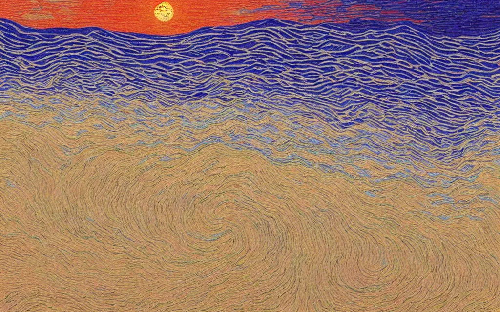 Image similar to a beutiful sunset on a beach, fractal waves. japanese embroidery. retro minimalist art by jean giraud and van gogh.