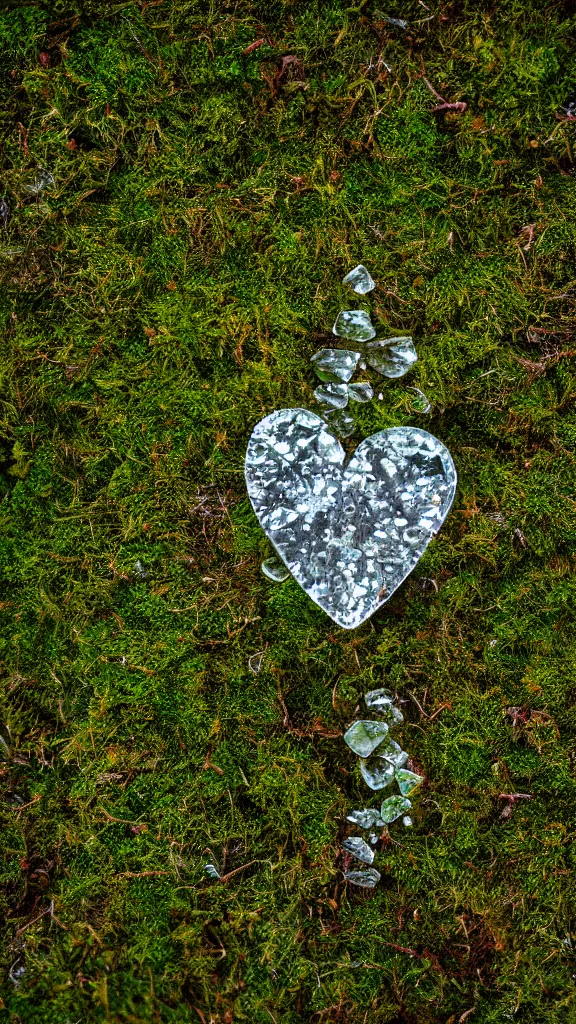 Image similar to macro photo of moss, a crystal heart is laying on the moss, light rays are coming through the leaves above, god rays, beautiful award winning macro photography, trending on artstation, serene secluded garden, isometric angle, 7 5 mm, f 3. 4