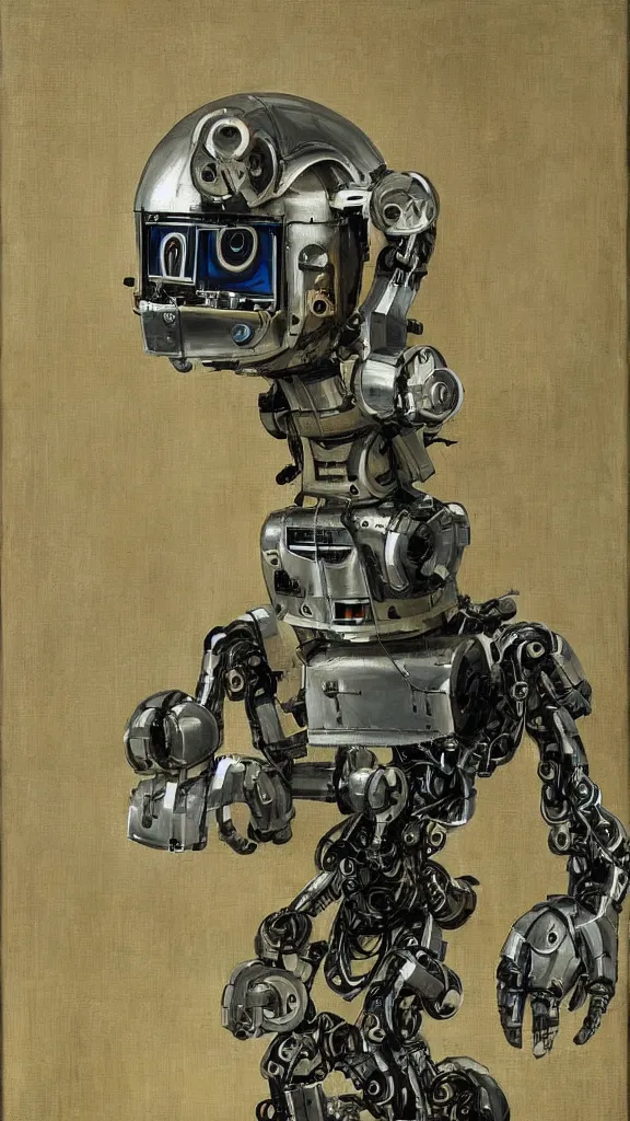 Prompt: robot painting a robot on canvas, intricate, highly detailed, photorealistic, film still, by hans thoma.