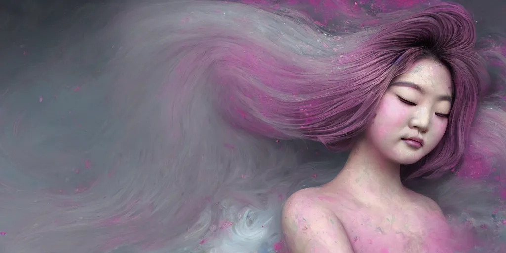 Image similar to a portrait of a very beautiful young asian goddess, seductive smile, with pink and grey hair radiating swirling paint and impasto, sleepy eyes by wlop and edward robert hughes, background is volumetric displacement, hyperrealism, subsurface scattering, arnold render, 8 k, houdini, xparticles