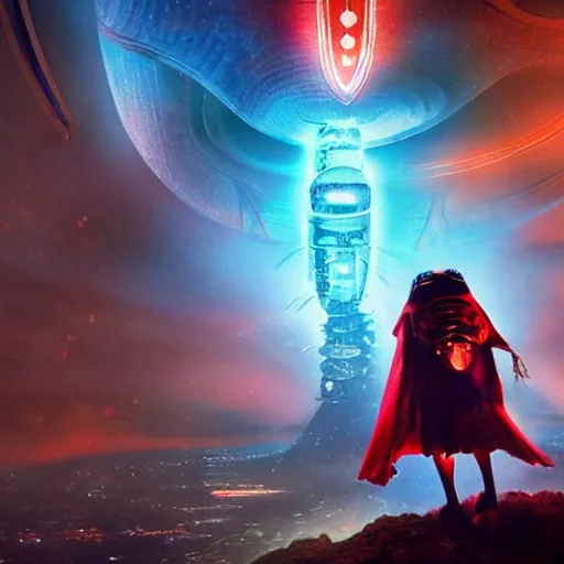 Prompt: film still, ladybug futuristic ( ( descendants ) ), ladybug quadruped with big rgb eyes, huge ladybug mothership, epic cosmos, dramatic lighting, the fellowship of the ring ( film ) blade runner ( film ) genre. imax, 7 0 mm.