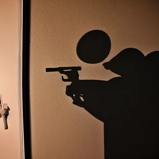 Prompt: shadow on the wall at a party of mikey mouse with a gun.