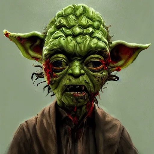 Prompt: zombie yoda, yoda as a zombie, rembrandt, zombified, scary, oil painting, artstation