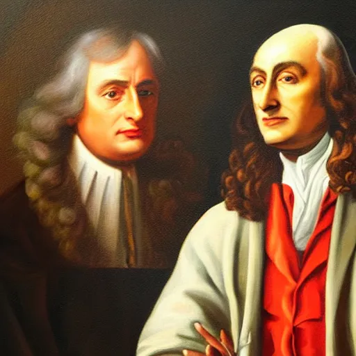 Prompt: a classical portrait of sir isaac newton and tupac shakur as good friends, oil on canvas