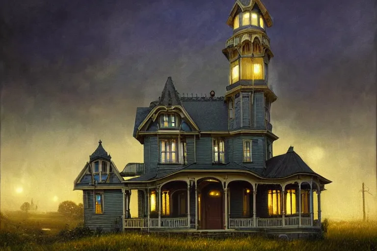 Image similar to a beautiful hyperrealistic painting of a victorian house with a tower at night, very detailed by andrea kowch and samuel and joseph newsom