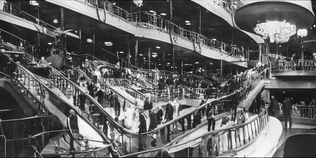 Prompt: inside the titanic in 1970, watching people walking, color photo