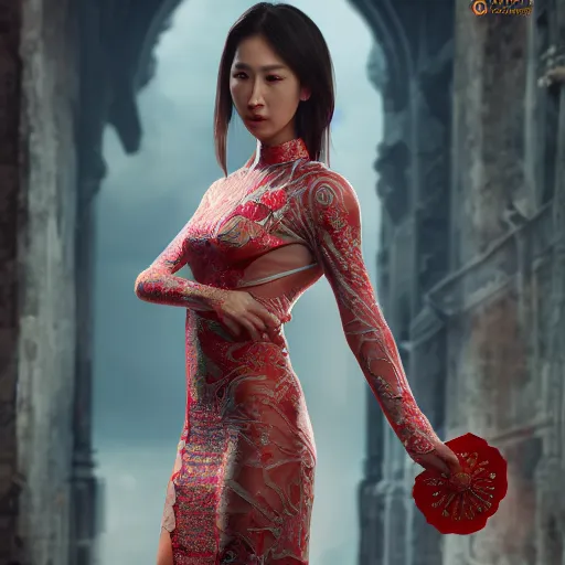 Image similar to muscular oiled woman wearing ao dai, ultra realistic, concept art, intricate details, highly detailed, photorealistic, octane render, 8 k, unreal engine.