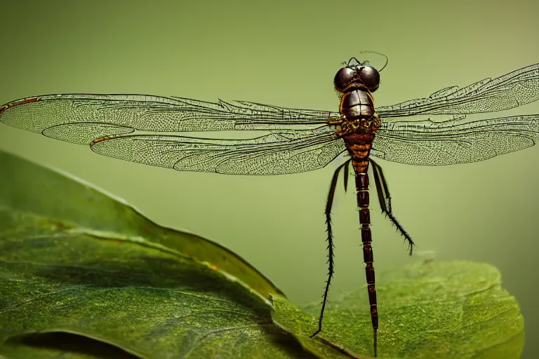 Prompt: armored dragonfly with filigree wings on a green leaf, steampunk style, octane renderer, macro shot, highly detailed, ultra realistic 4K, depth blur