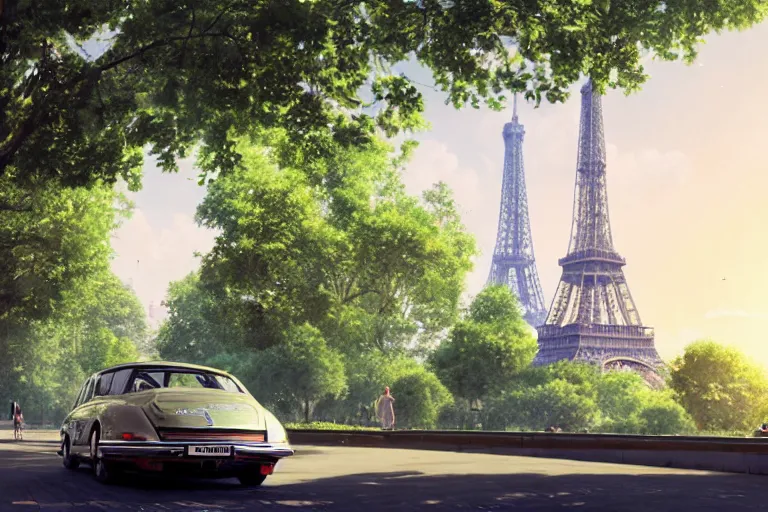 Image similar to a wholesome animation key shot of!! one!! focused! 1 9 7 4 citroen ds! in a tree lined paris street, view of eiffel tower, medium shot, studio ghibli, pixar and disney animation, sharp, very detailed, high resolution, rendered in unreal engine 5, anime key art by greg rutkowski, bloom, dramatic lighting