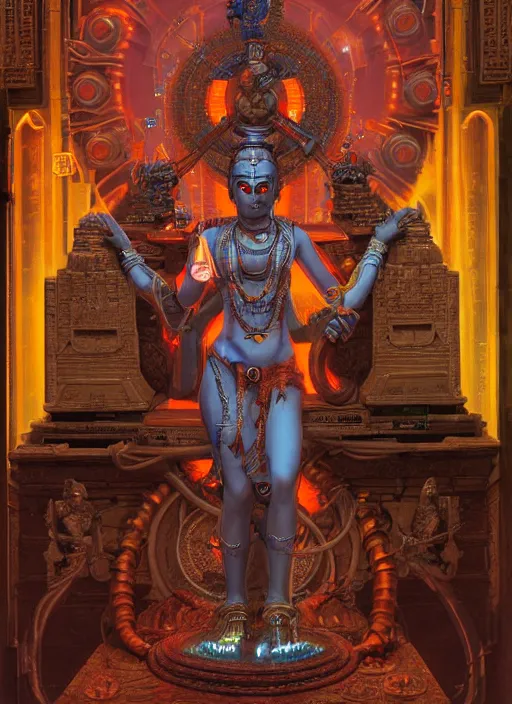 Image similar to cybertronic shiva statue in a hindu temple, futuristic, neal ashermiles johnston kuroda realism ozabu john william godward, painterly, yoshitak, sci - fi, cyberpunk, artstation, conceptual, hyperdetailed, donato giancola, james gurney, neon lights, mood lighting, rust