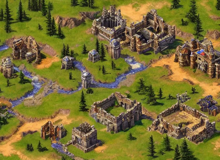 Image similar to isometric map of age of empires video game, procedural, top down, AOE2 , civilization, river, forest, cave, mountain, 3d map, woods, hills, buildings, snow, , digital art,realistic,detailed,art by greg rutkowski