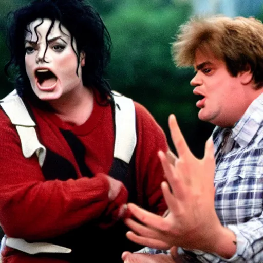 Image similar to mad michael jackson yelling at sad chris farley for messing up his bob ross painting