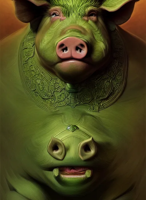 Image similar to portrait of aggressive pig humanoid, d & d, muscular! green, fantasy, intricate, elegant, highly detailed, digital painting, artstation, concept art, smooth, sharp focus, illustration, art by artgerm and greg rutkowski and alphonse mucha