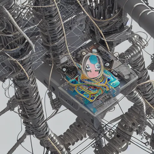 Image similar to space station on the moon, piles of modular synth cables mixed with mangrove roots, kawaii puerto rican goddess staring through your soul wearing a headpiece made of circuit boards, by cameron gray, wlop, stanley kubrick, masamune, hideki anno, jamie hewlett, unique perspective, eastman color, trending on artstation, cinematic, 3 d render, muted neon