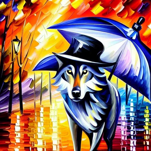 Image similar to wolf with hat and umbrella in the rain, by leonid afremov