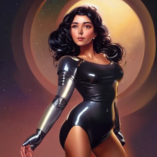 Image similar to a portrait of a very beautiful woman in a spacesuit, Alexandria\'s genesis, shoulder-length black hair, bored, illustration, soft lighting, soft details, painting oil on canvas by mark arian by artgerm, trending on artstation, 4k, 8k, HD