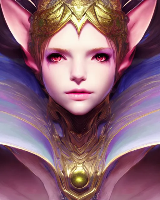 Image similar to portrait of elf, beautiful, fantasy, colorful, cinematic lighting, artstation, trending, highly detailed, focus, smooth, by hirohiko araki and yoshitaka amano