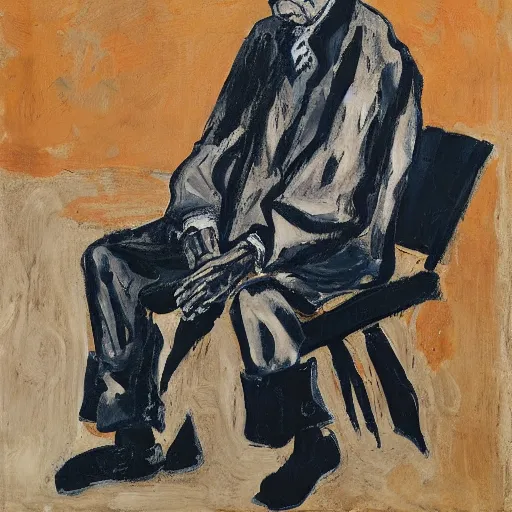 Prompt: painting of an old man sitting on a chair, waiting, by georg baselitz