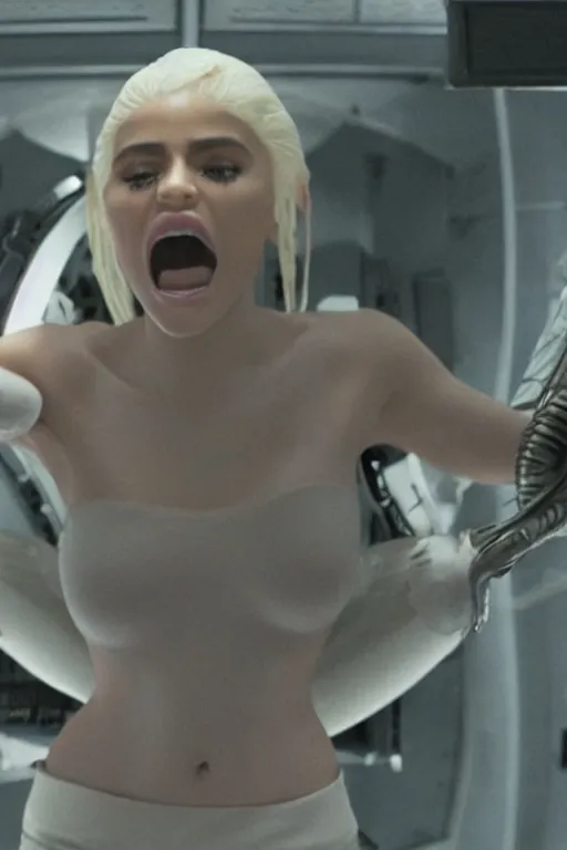 Prompt: film still of kylie jenner in the movie Alien, xenomorph mounted on her, action shot, kylie unconscious, cinematic, 4k.