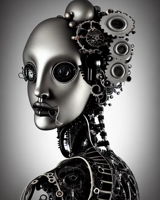 Image similar to black and white dreamy foggy smoky profile face portrait, one silver steampunk eye biomechanical beautiful young female cyclope - cyborg - robot bust, body ribs meshes,, volumetric light, hibiscus flowers, by hg giger, rim light, by dora maar and cecile beaton, big gothic fashion pearl embroidered collar, 8 k